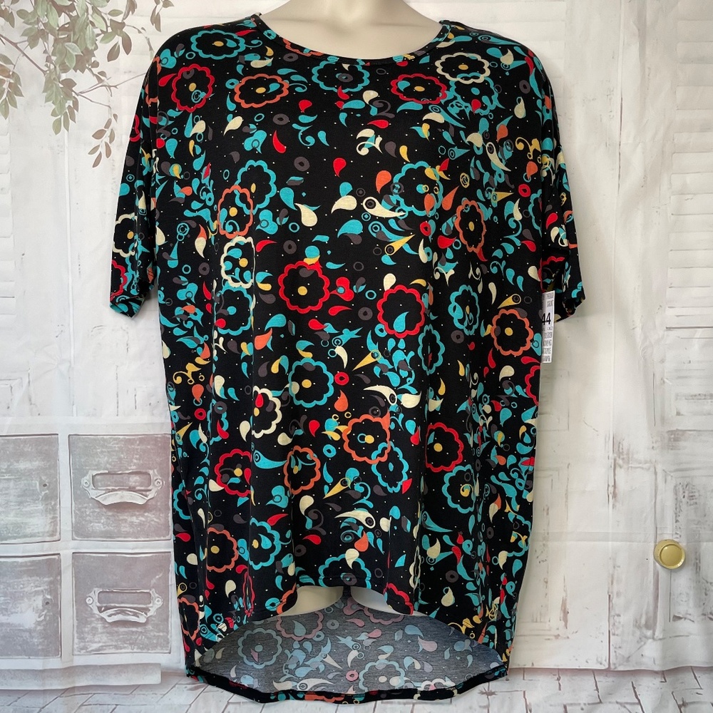 LuLaRoe Irma Womens Black Floral Paisely Stretch Knit Casual Top Sz. Large L